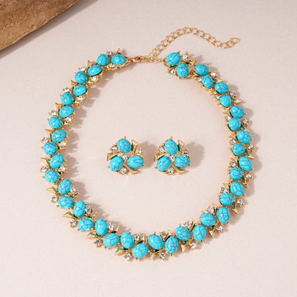 Ethnic Style Zircon Turquoise Flower Necklace Earrings Jewelry