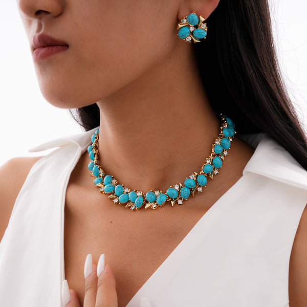 Ethnic Style Zircon Turquoise Flower Necklace Earrings Jewelry