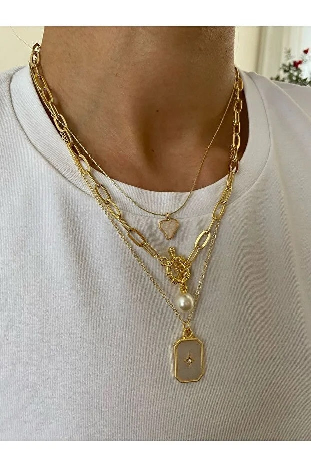 Pole Star Pearl Enamel Necklace Set Three Piece Layered Adjustable Fashion Jewelry Gift For Her