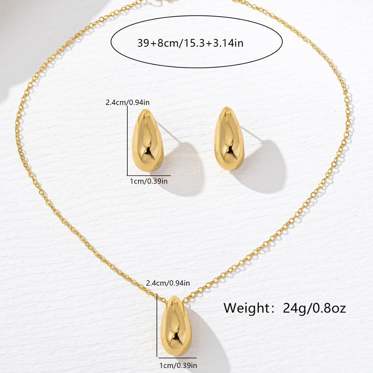 Golden Teardrop-shaped Necklace And Earring Set