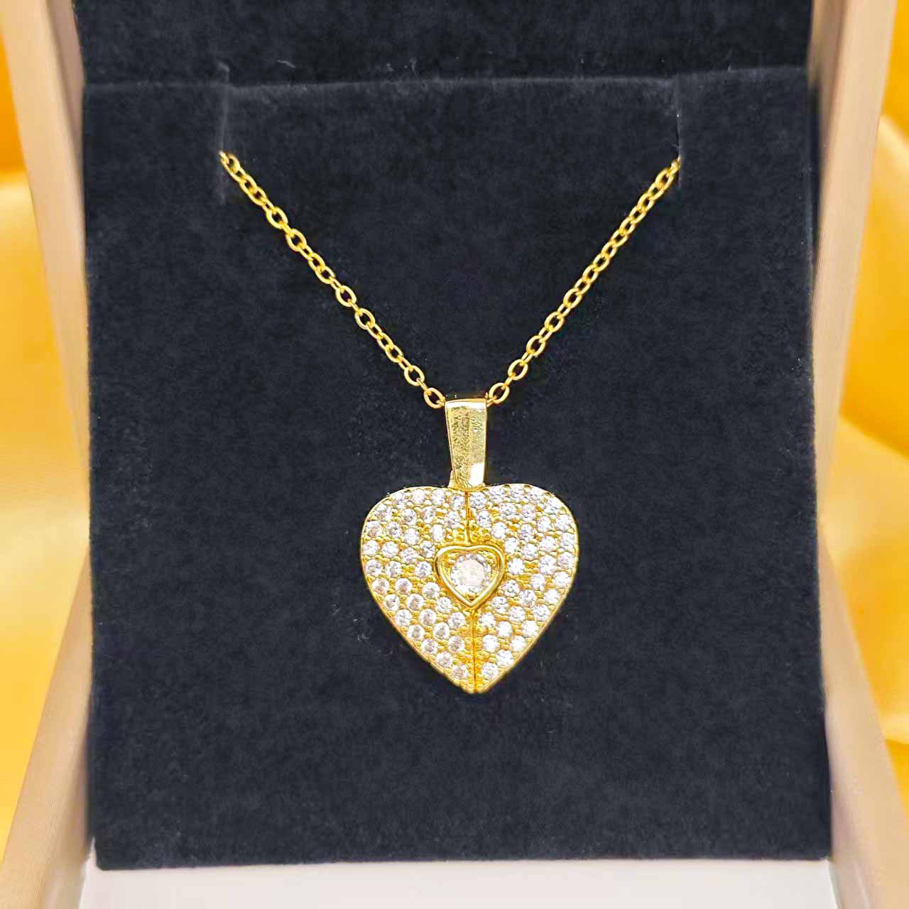 Full Crystal Hinged Heart Necklace Colorfast Titanium Steel Accessory