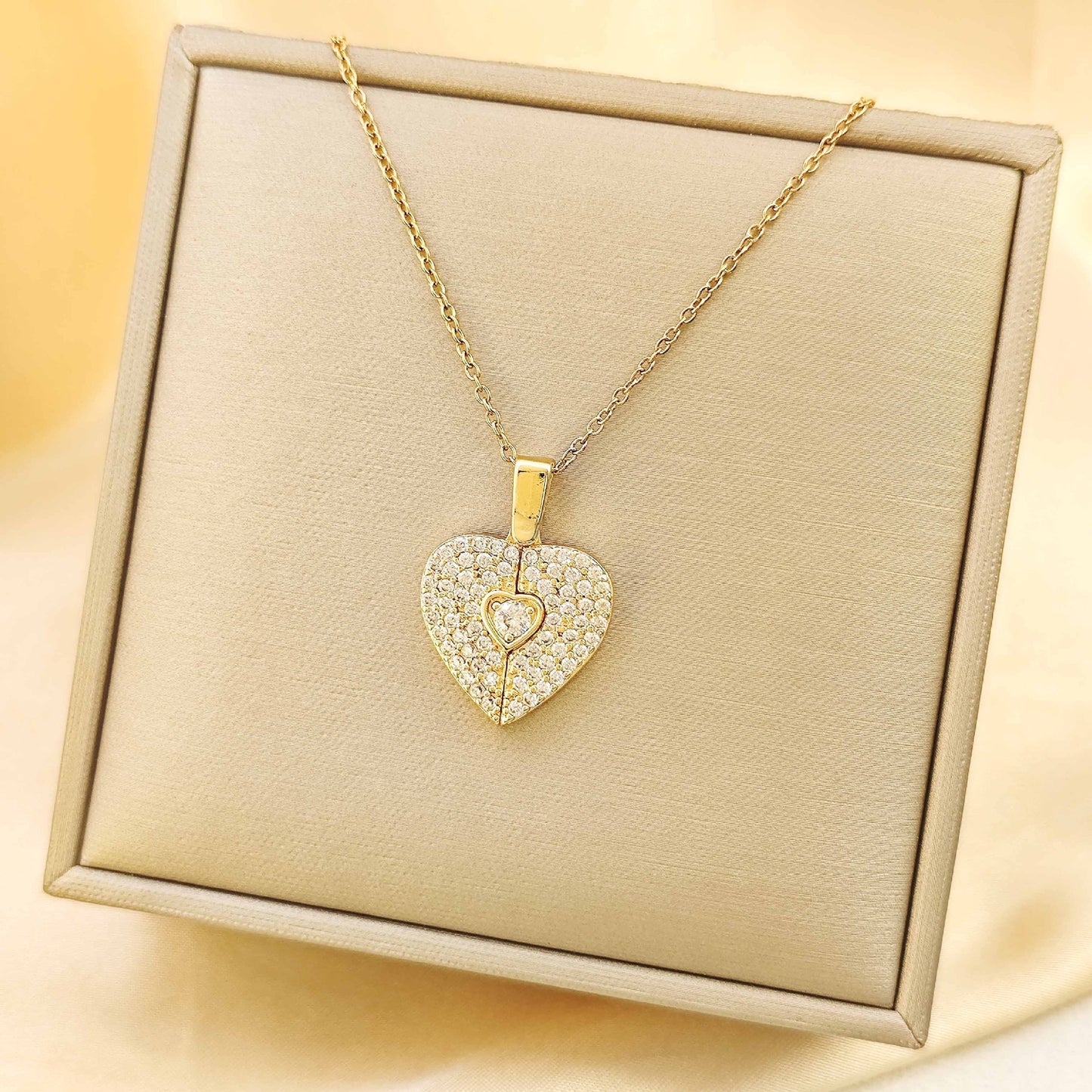 Full Crystal Hinged Heart Necklace Colorfast Titanium Steel Accessory