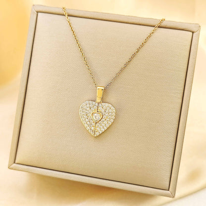Full Crystal Hinged Heart Necklace Colorfast Titanium Steel Accessory