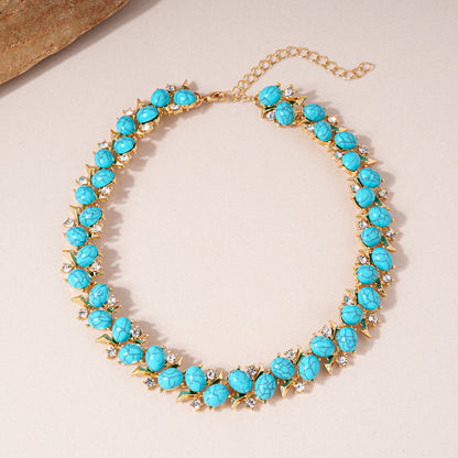 Ethnic Style Zircon Turquoise Flower Necklace Earrings Jewelry