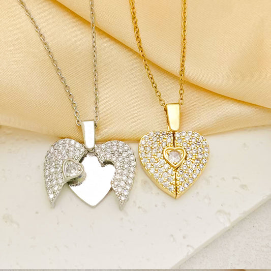 Full Crystal Hinged Heart Necklace Colorfast Titanium Steel Accessory