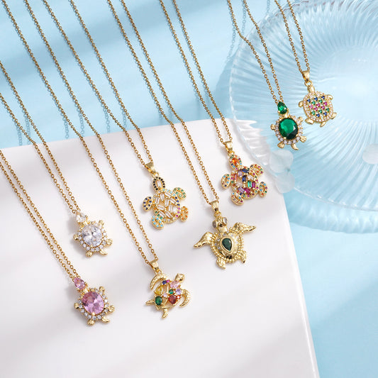 Gold-plated Copper Zirconium-encrusted Sea Turtle Titanium Steel Necklace