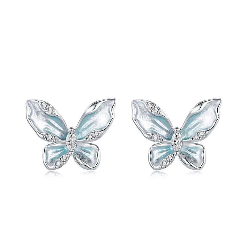 S925 Sterling Silver Blue Butterfly Stud Earrings