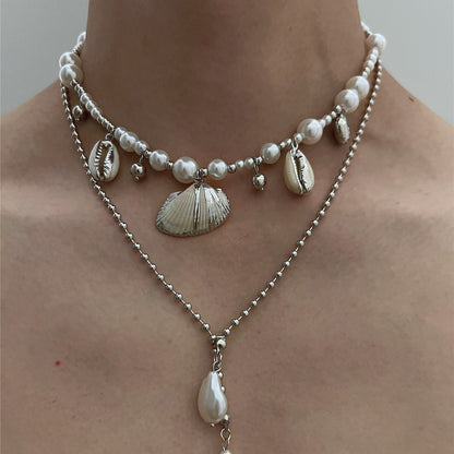 Beach Seashell ImitationPearl Pendant Double Layer Necklace