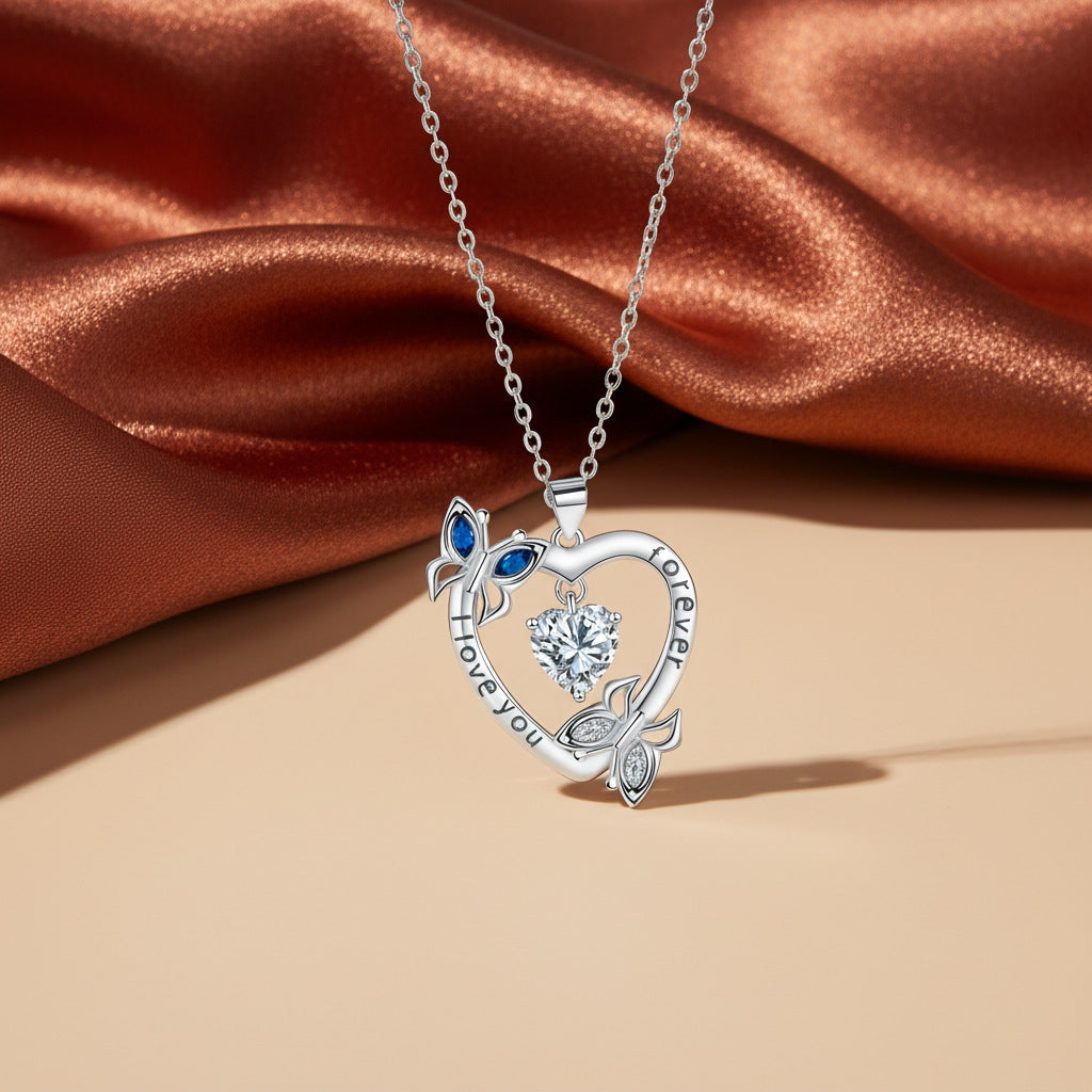 Butterfly Heart Diamond-Encrusted Necklace For Women