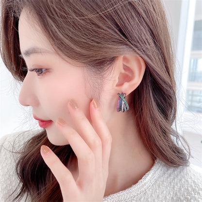 Colorful Zircon Small Design Sense Geometric Line Cross C-circle Earrings